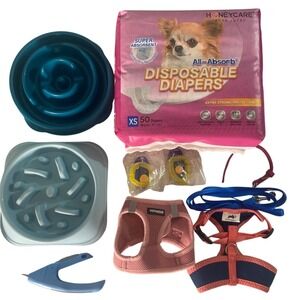 Small Dog Puppy Starter Kit HoneyCare Diapers Voyager Harness Slow Feeder Bowls